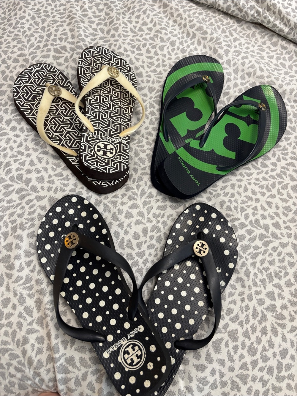 Tory Burch Black and White Polka Dot Flip Flops with Gold Logo